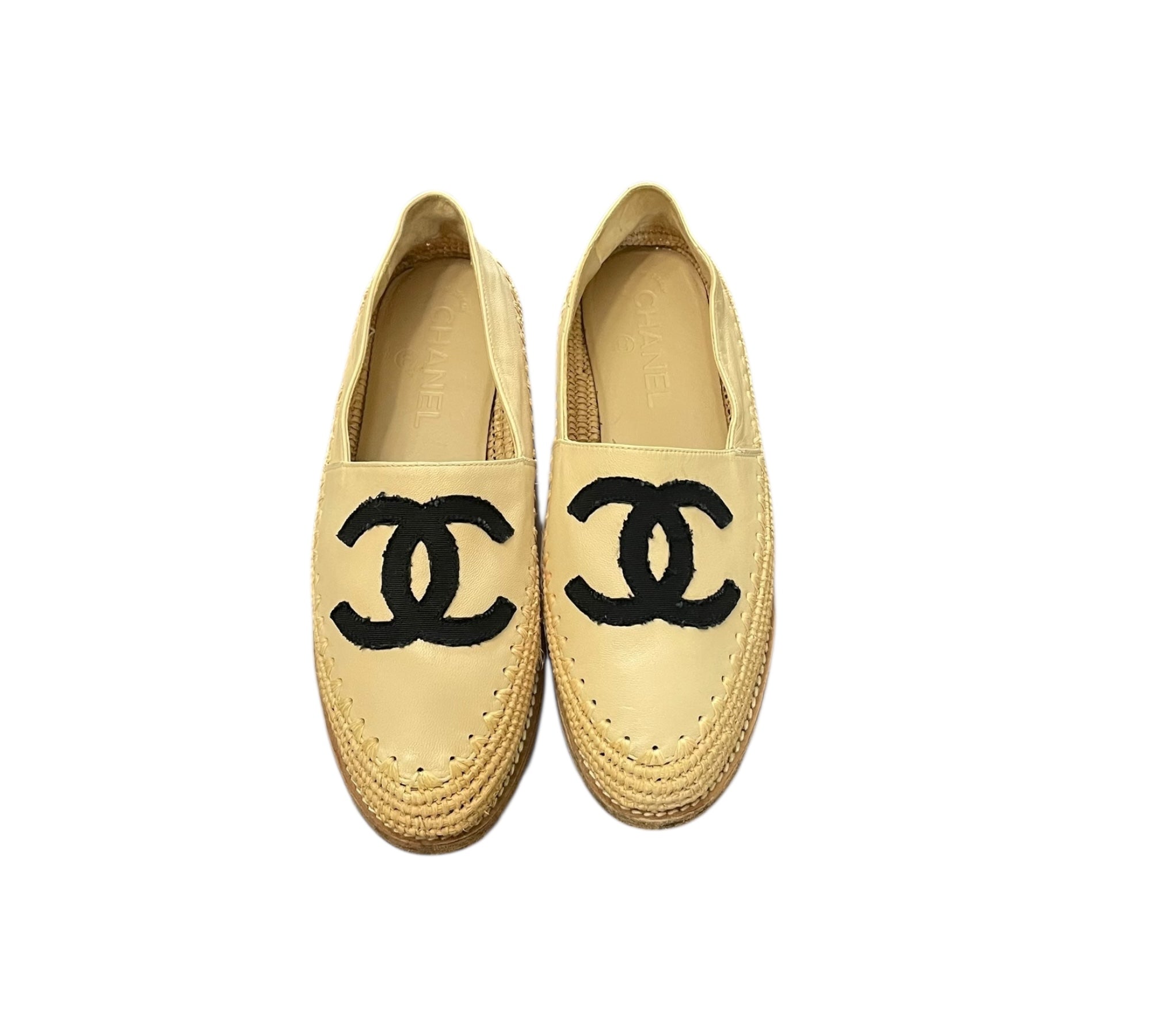 CHANEL Lambskin Grosgrain Espadrilles Beige Black