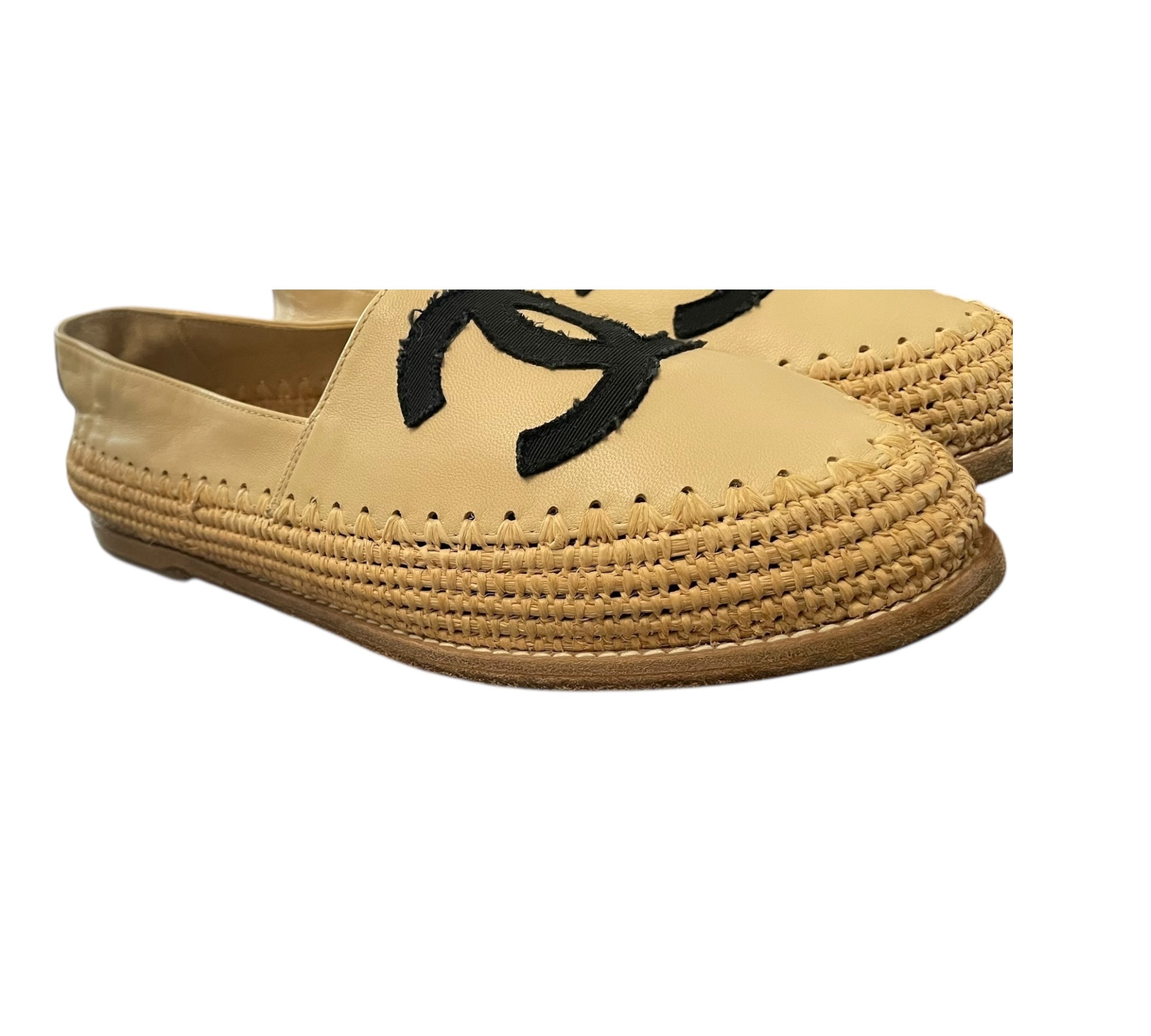CHANEL Lambskin Grosgrain Espadrilles Beige Black