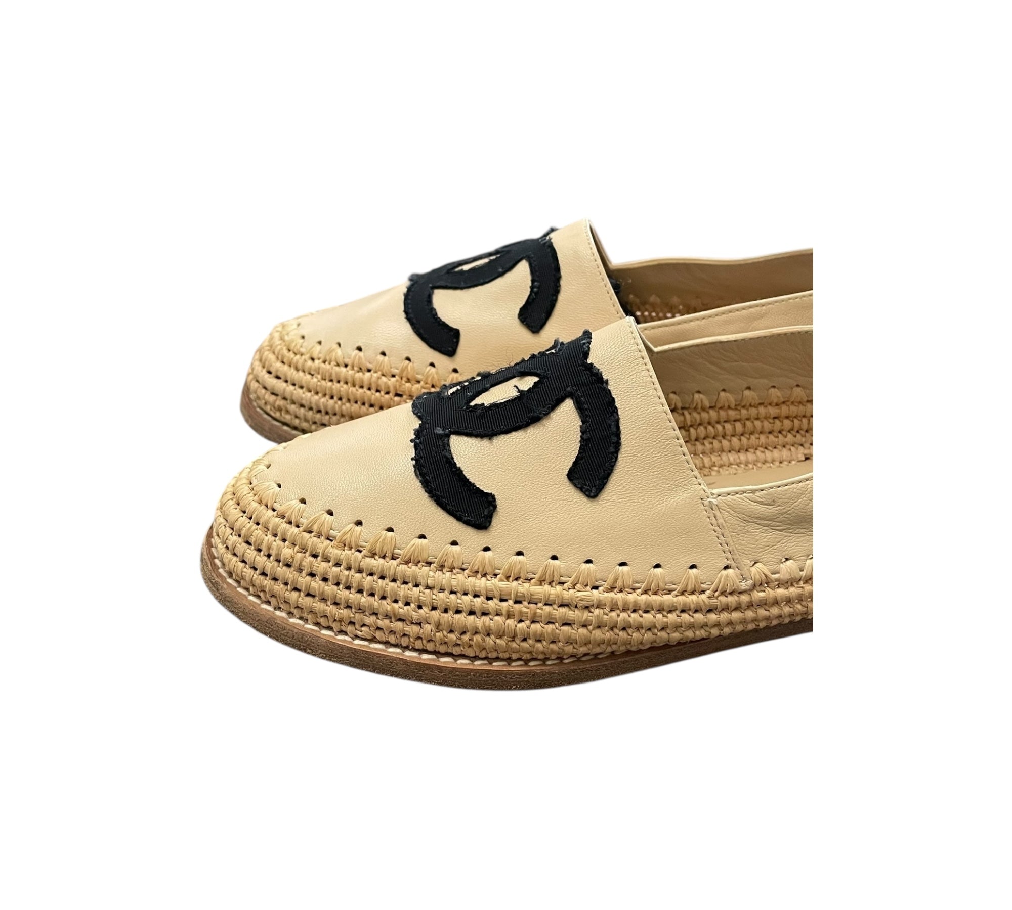 CHANEL Lambskin Grosgrain Espadrilles Beige Black