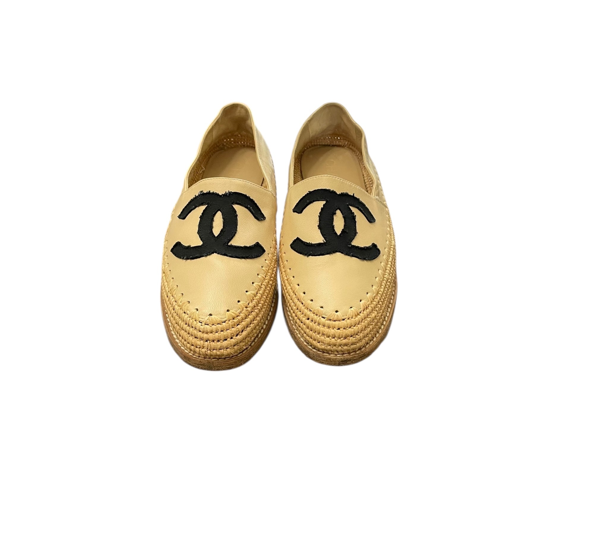 CHANEL  Lambskin Grosgrain Espadrilles Beige Black